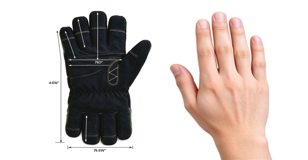 Size comparison diagram of fire protective glove next to human hand with dimension marks