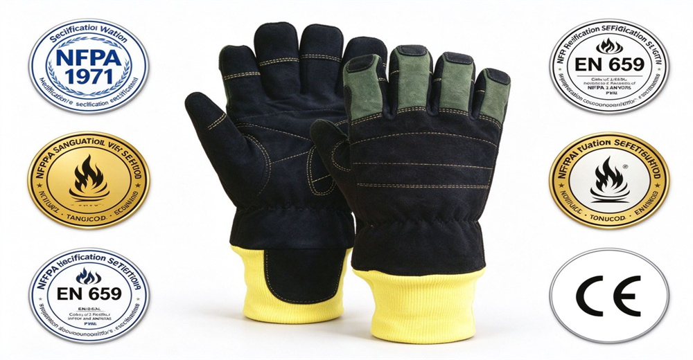 Fire protective gloves surrounded by international safety certification logos