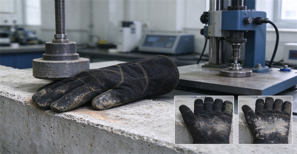 Fire protective glove placed on laboratory test bench for performance testing