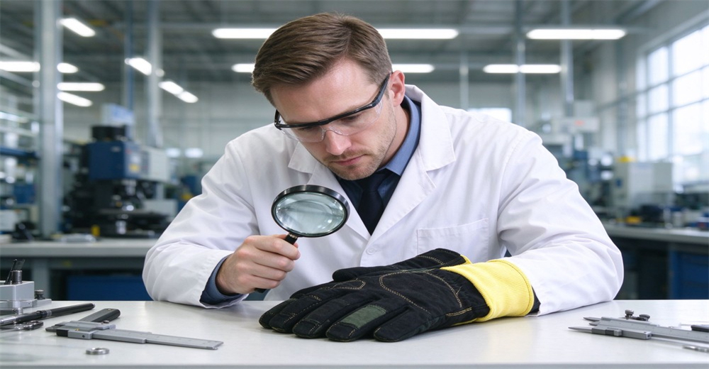 Professional inspector wearing safety goggles examines fire protective glove with magnifying glass in testing laboratory