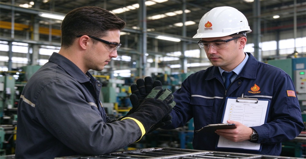 Two safety technicians in factory workshop check the fit and performance of fire protective glove while reviewing inspection documents