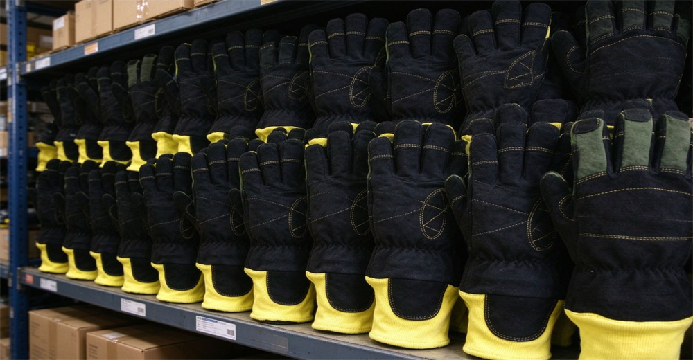 Neatly stacked batches of fire protective gloves with yellow cuffs arranged on warehouse storage racks