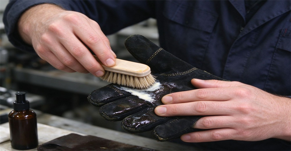 Worker uses soft bristle brush with cleaning agent to clean dirt and residue from surface of fire protective glove