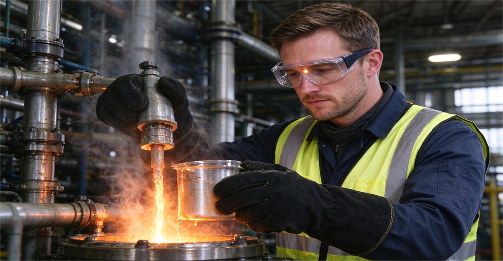Factory worker wearing fire protective gloves and safety goggles operates equipment under high temperature thermal environment