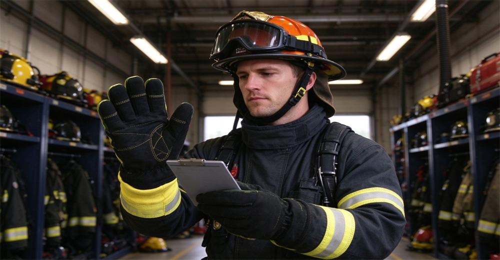 Firefighter wearing full protective turnout gear inspects fire protective glove while checking records on clipboard inside equipment storage room