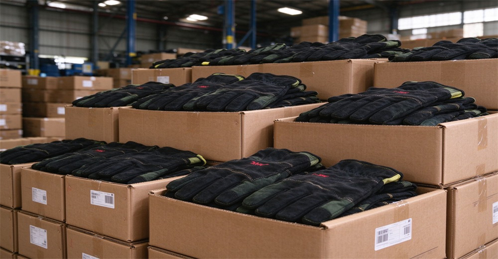 Boxes filled with fire protective gloves stacked inside warehouse ready for distribution