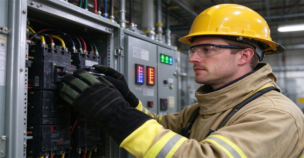Technician with safety helmet and protective eyewear wears fire protective gloves to operate electrical switchgear