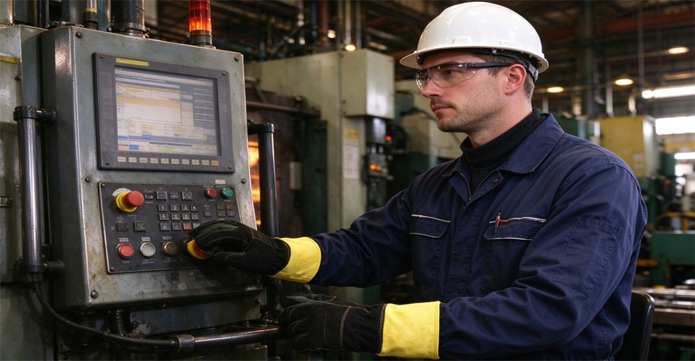 Factory operator wearing fire protective gloves and safety helmet adjusts control panel of industrial machine