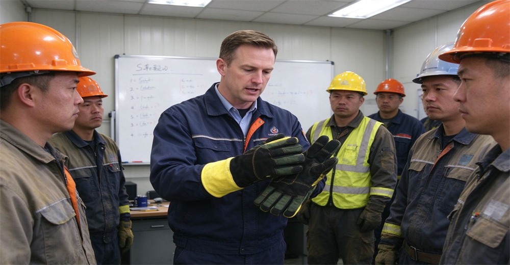 Instructor demonstrates fire protective gloves and explains protective features to workers during safety training session