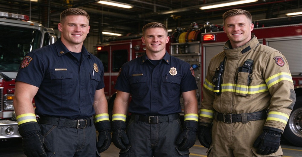Three rescue staff equipped with fire protective gloves stand beside fire apparatus in equipment bay