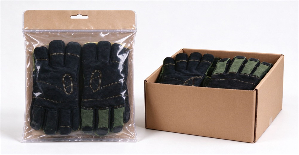 Packaged fire protective gloves in zipper bag and bulk carton for operational use