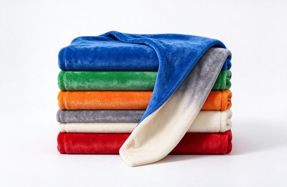 Close-up front view of bright multi-colour waterproof flannel blankets neatly stacked with visible brushed texture, saturated colours, full frame product shot, no people