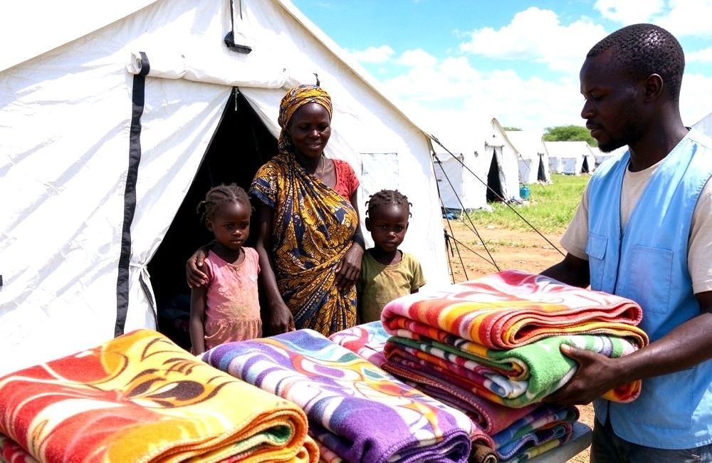 Wide view of flood shelter tents set up on dry ground with African families queuing to receive relief bedding and blankets, blue sky and green grass background, bright daylight