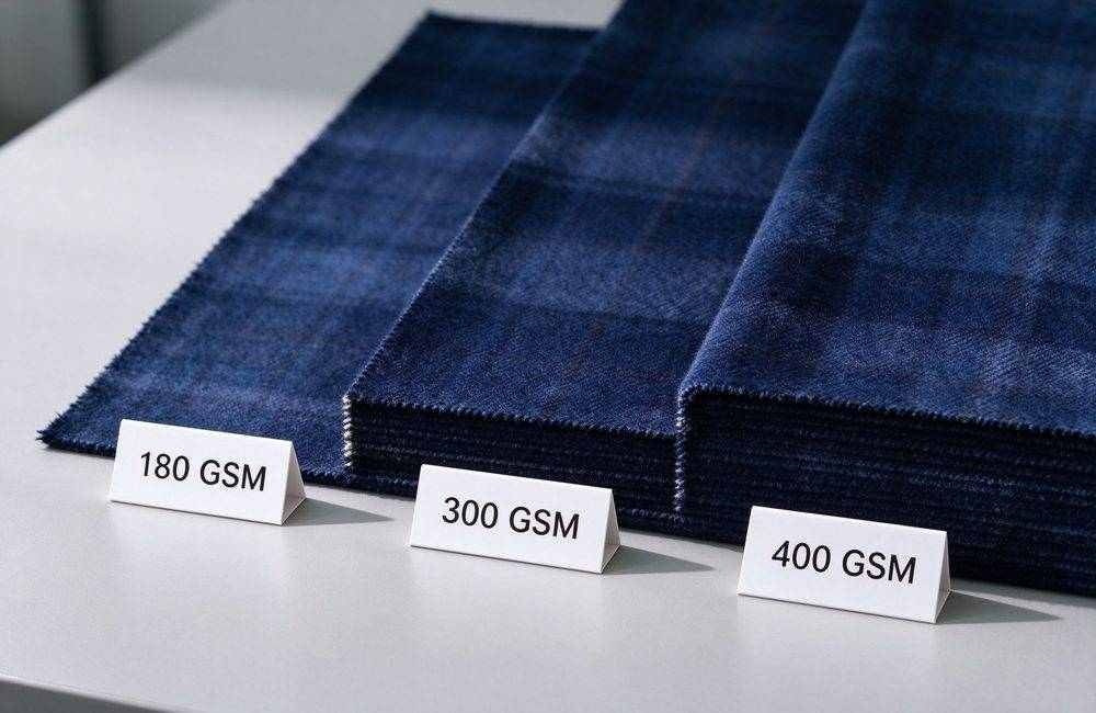 Side by side comparison of flannel blanket GSM weights 180, 300 and 400 for flood relief blankets, showing thickness and density for bulk specification decisions