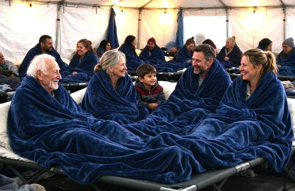 Wide view of displaced families settled with relief blankets and bedding inside a temporary shelter, flood relief supplies keeping households warm and dry
