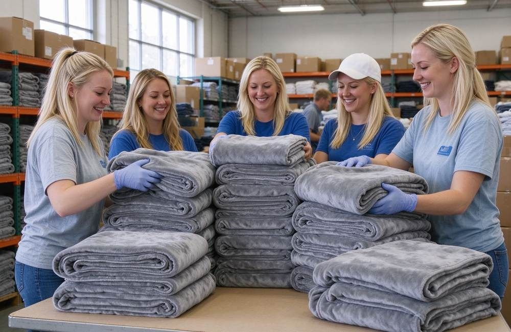 Wide view of European volunteers folding flannel relief blankets for packing at a relief site, bulk emergency supplies prepared for distribution