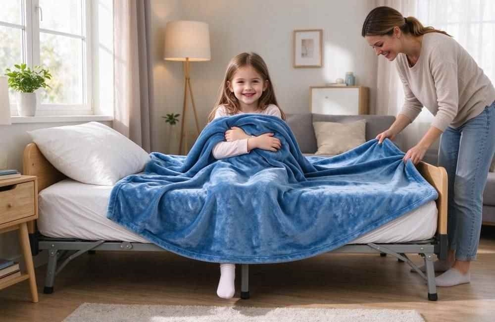 Wide view of a family shelter cot with a warm flannel relief blanket for a child, flood relief bedding keeping displaced children warm