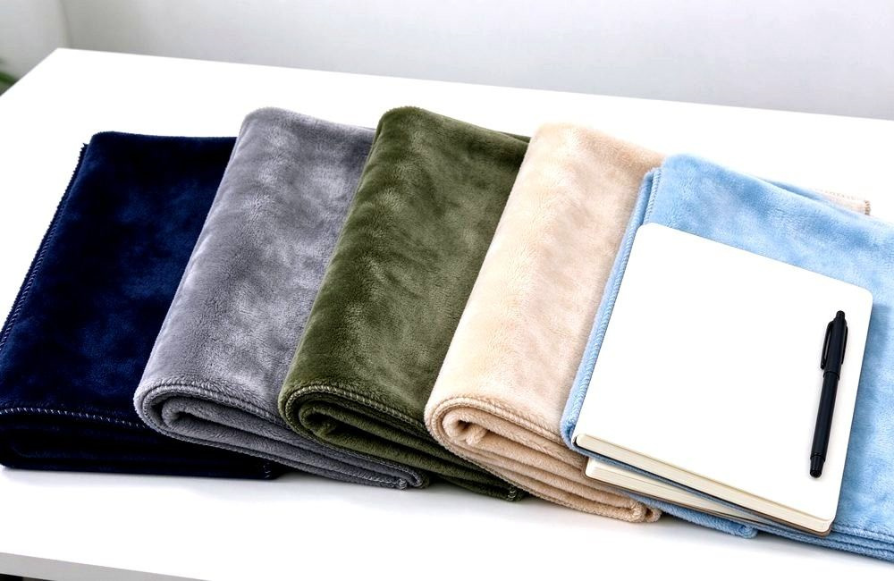 Product view of folded blanket sample swatches in multiple colours arranged as colour cards on a table, even lighting, clear colour comparison