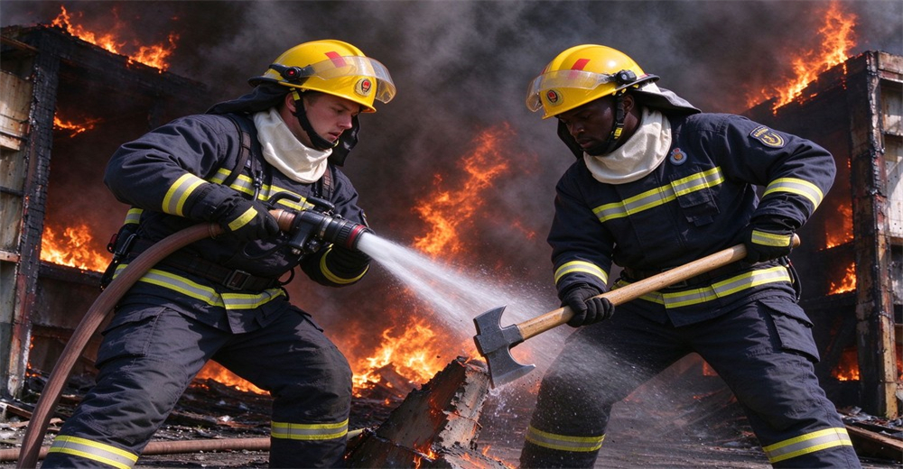  firefighter gear buying guide 02 Application firefighter PPE selection guide two firefighters hose axe teamwork structure fire training department safety standard NFPA certified PPE selection for fire departments bulk procurement