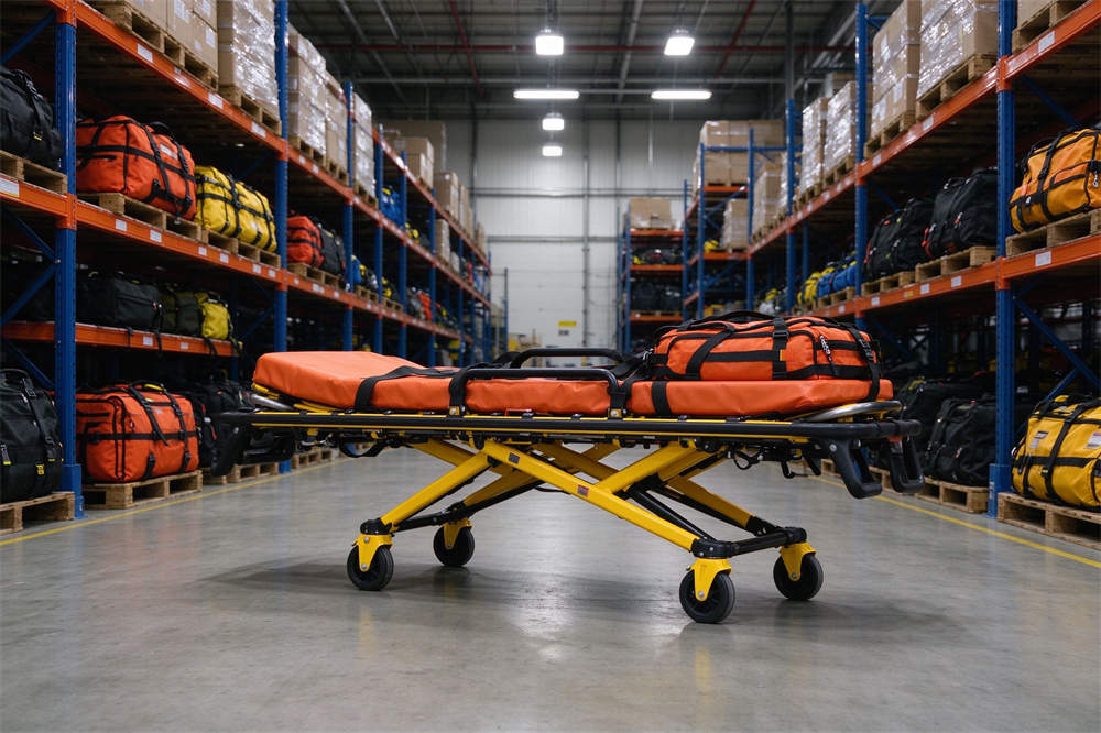 Rescue stretcher in warehouse, volcano emergency response medical equipment for evacuation and rescue operations Rescue stretcher in warehouse, volcano emergency response medical equipment for evacuation and rescue operations