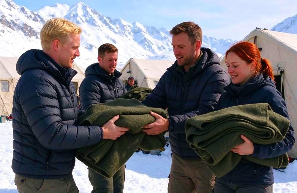 Rescue team members distribute olive wool blend emergency blankets at snowy mountain field camp with relief tents in background