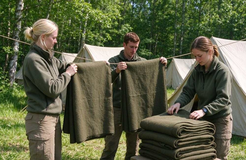 Field staff airing and folding olive wool blend blankets outdoors at relief camp with canvas tents and green woods background