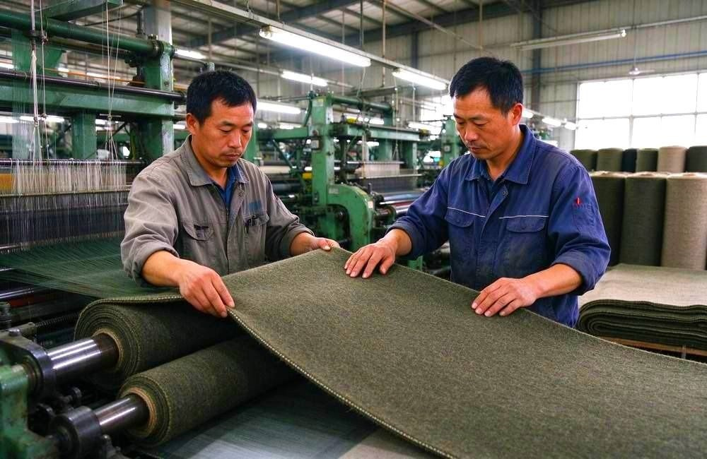 Two textile weavers inspect woven olive wool blend blanket fabric beside industrial looms during fabric production in the weaving workshop