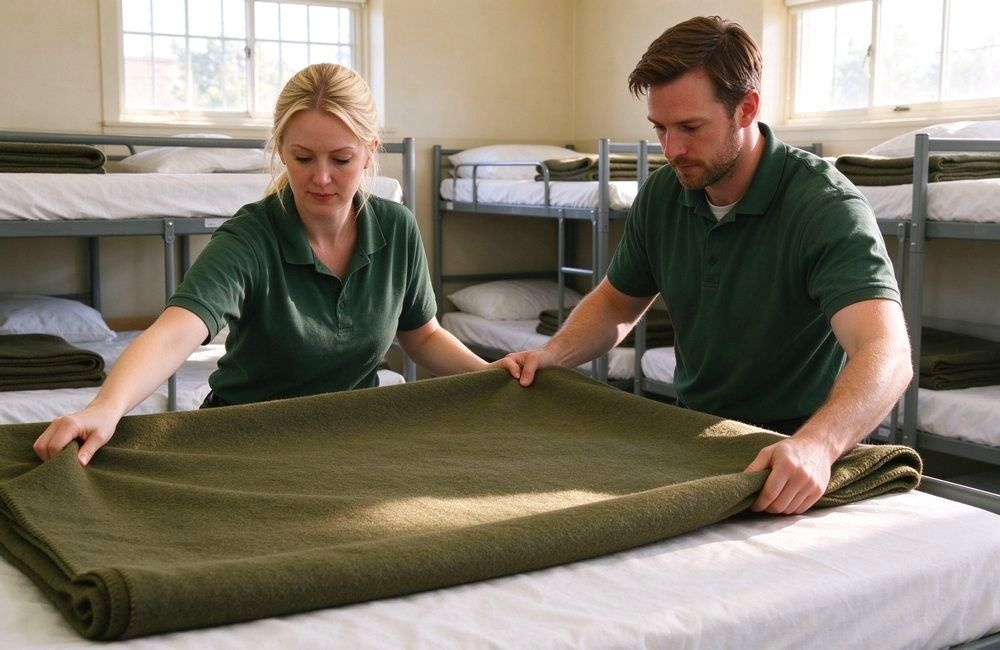 Two relief workers spread an olive wool blend emergency blanket over a bunk bed inside a disaster shelter dormitory with multiple bunk beds