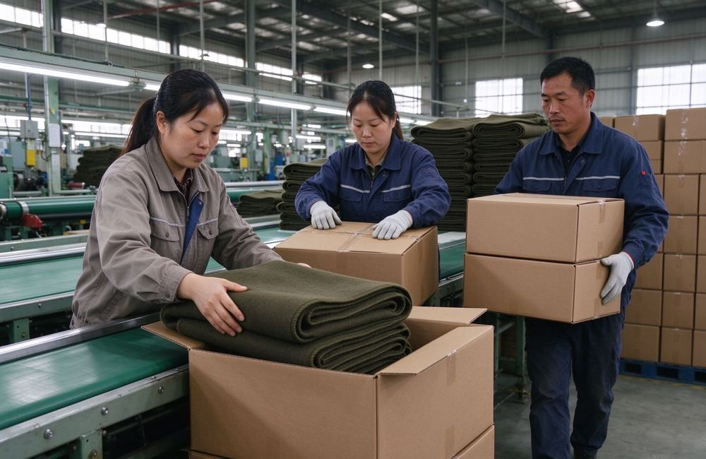 Factory workers pack neatly folded olive wool blend emergency blankets into export cartons on the assembly line inside the textile manufacturing workshop