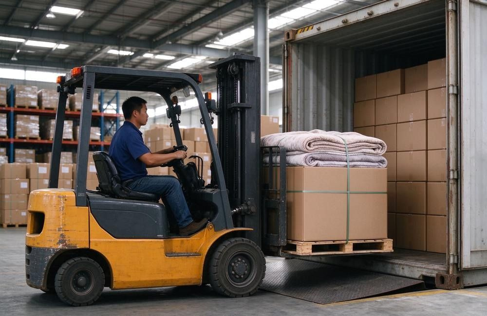 Warehouse forklift operator transports palletized cartons stacked with folded wool blend emergency blankets into the shipping container for export