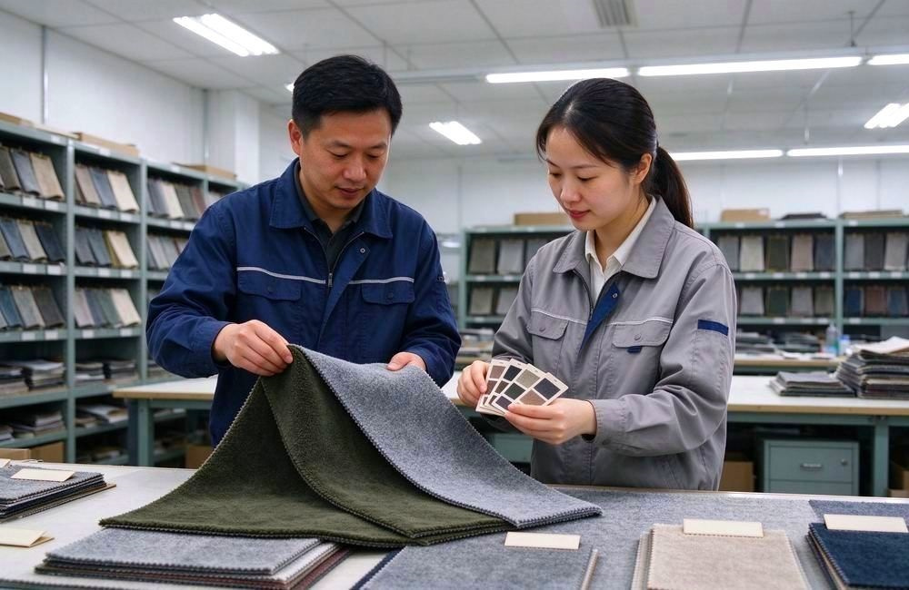 Two factory sample room workers compare olive green and grey wool blend blanket fabric swatches with color cards in the textile sample laboratory
