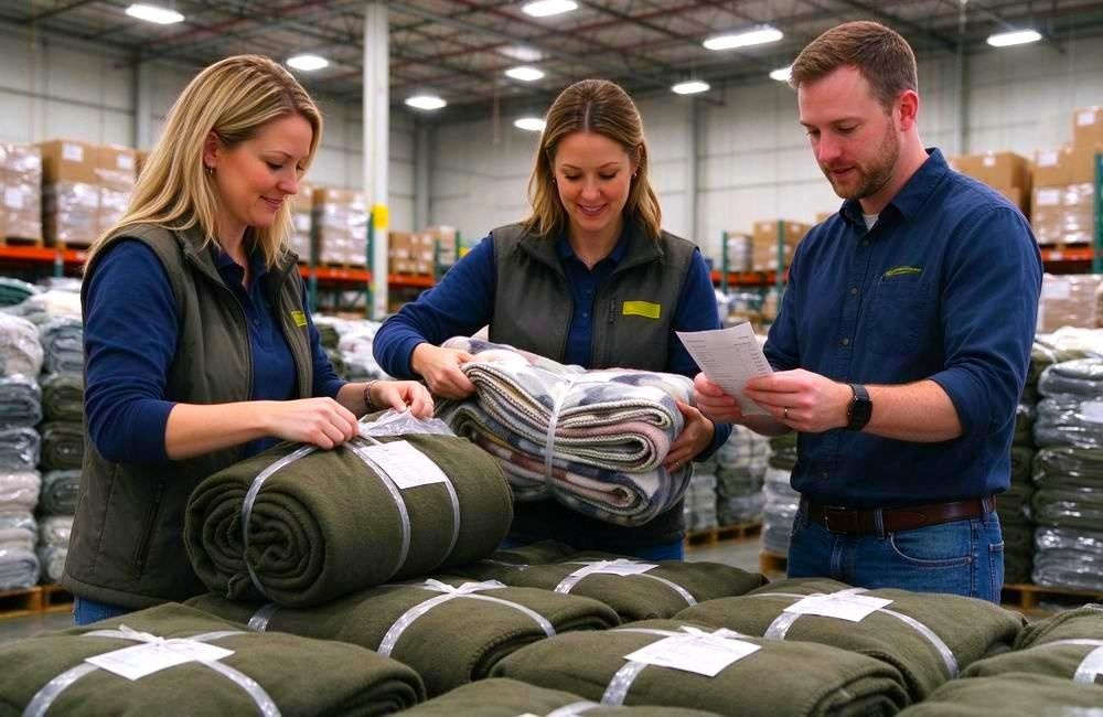 European procurement team inspects bundled olive wool blend emergency blankets and checks documents inside a large logistics warehouse