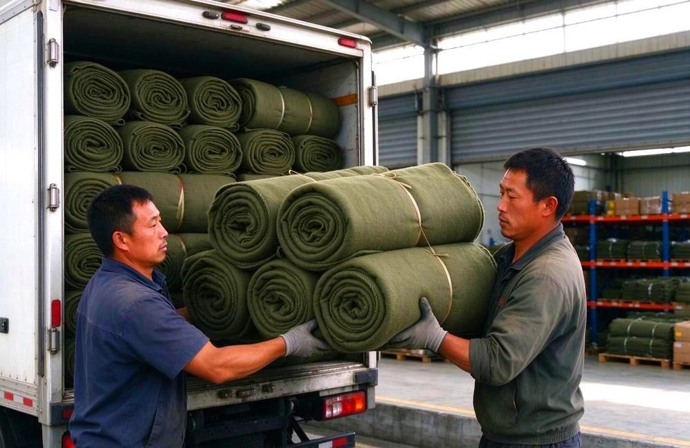 Asian factory workers loading bundled olive wool blend emergency blankets onto export delivery truck for humanitarian supply shipment