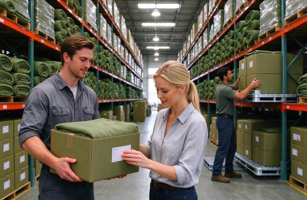 European warehouse workers checking label details on cartons packed with olive wool blend emergency blankets inside storage warehouse