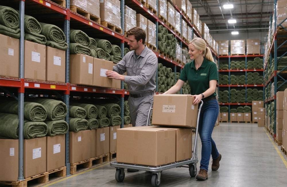 European warehouse staff sorting and moving cartons of olive wool blend emergency blankets on hand truck in storage facility