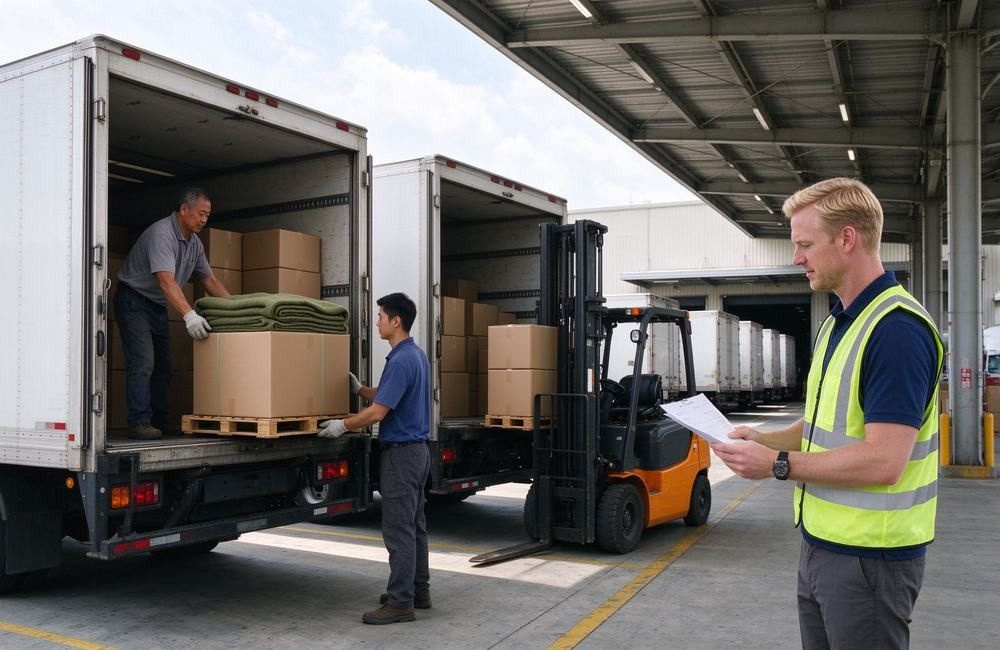 Asian workers load cartons of olive wool blend emergency blankets onto delivery trucks while European inspector verifies the shipment checklist