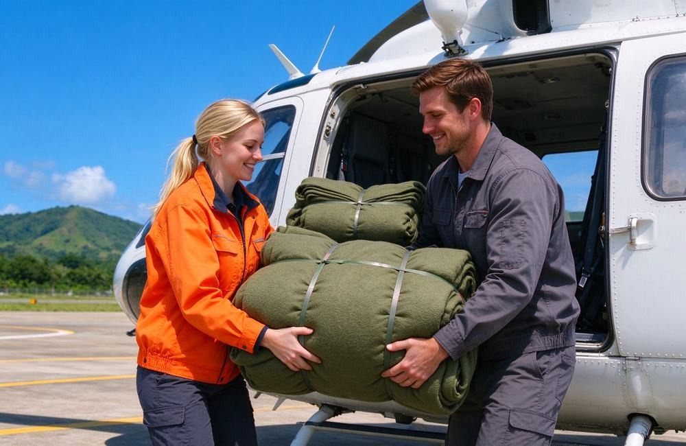 European humanitarian buyer and logistics worker loading bales of olive wool blend emergency blankets onto rescue helicopter for disaster delivery