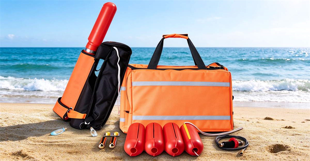 Complete pneumatic line thrower rescue kit arranged on sandy beach with blue ocean waves in sunny daylight outdoor scene for flood and river rescue missions