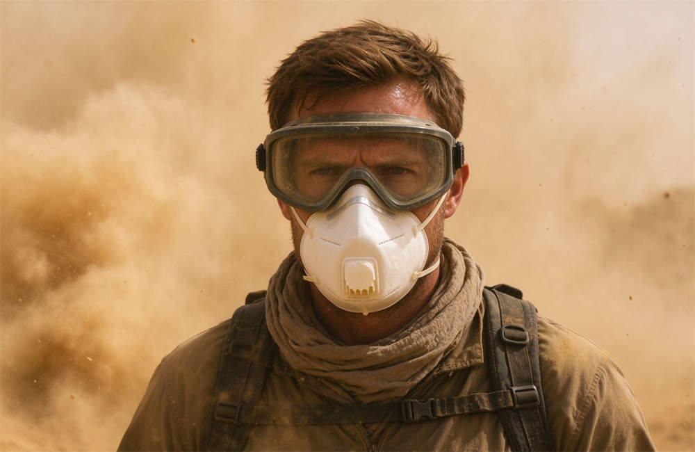 Caucasian man wearing N95 mask and protective goggles walking in dust storm, dust storm preparedness, PPE for sandstorm Caucasian man wearing N95 mask and protective goggles walking in dust storm, dust storm preparedness, PPE for sandstorm