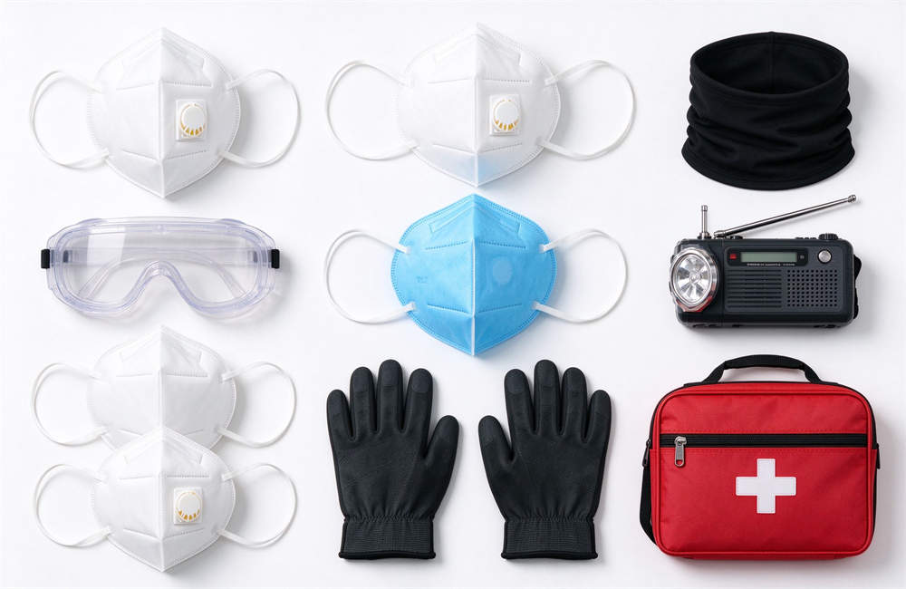 Sandstorm emergency kit flat lay with N95 masks, protective goggles, neck gaiter, work gloves, headlamp, hand crank radio Sandstorm emergency kit flat lay with N95 masks, protective goggles, neck gaiter, work gloves, headlamp, hand crank radio