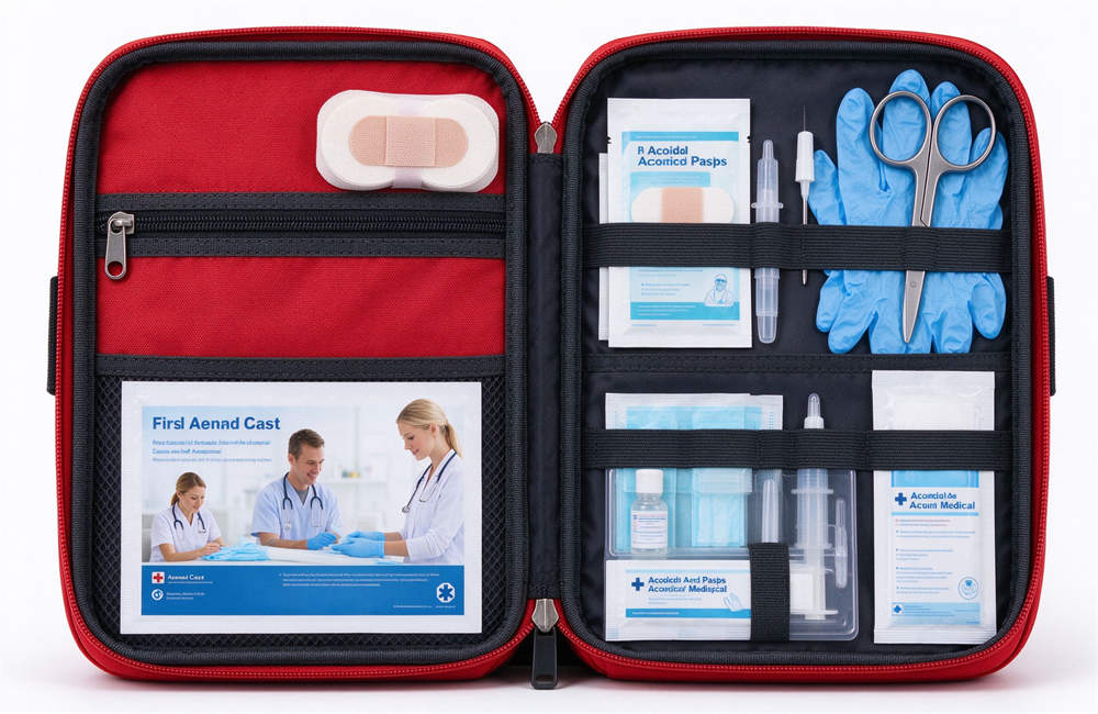 Red emergency first aid kit open with bandages, antiseptic wipes, gloves, scissors, medical supplies for sandstorm injury Red emergency first aid kit open with bandages, antiseptic wipes, gloves, scissors, medical supplies for sandstorm injury