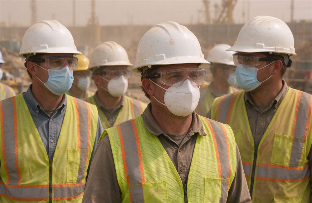 Construction workers wearing hard hats, N95 masks, goggles, hi vis vests at dusty job site, industrial sandstorm PPE Construction workers wearing hard hats, N95 masks, goggles, hi vis vests at dusty job site, industrial sandstorm PPE