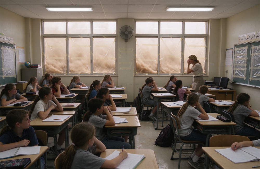 American school classroom with taped windows, students and teacher sheltering during sandstorm, dust storm school preparedness American school classroom with taped windows, students and teacher sheltering during sandstorm, dust storm school preparedness