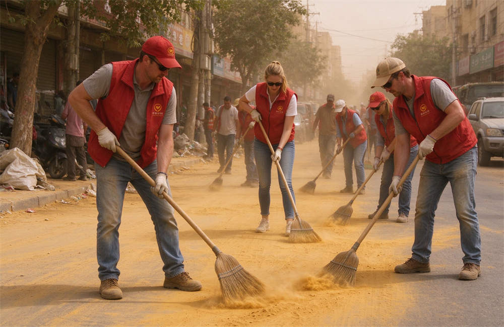 Caucasian volunteers sweeping yellow dust off street after sandstorm, cleanup and recovery operations Caucasian volunteers sweeping yellow dust off street after sandstorm, cleanup and recovery operations