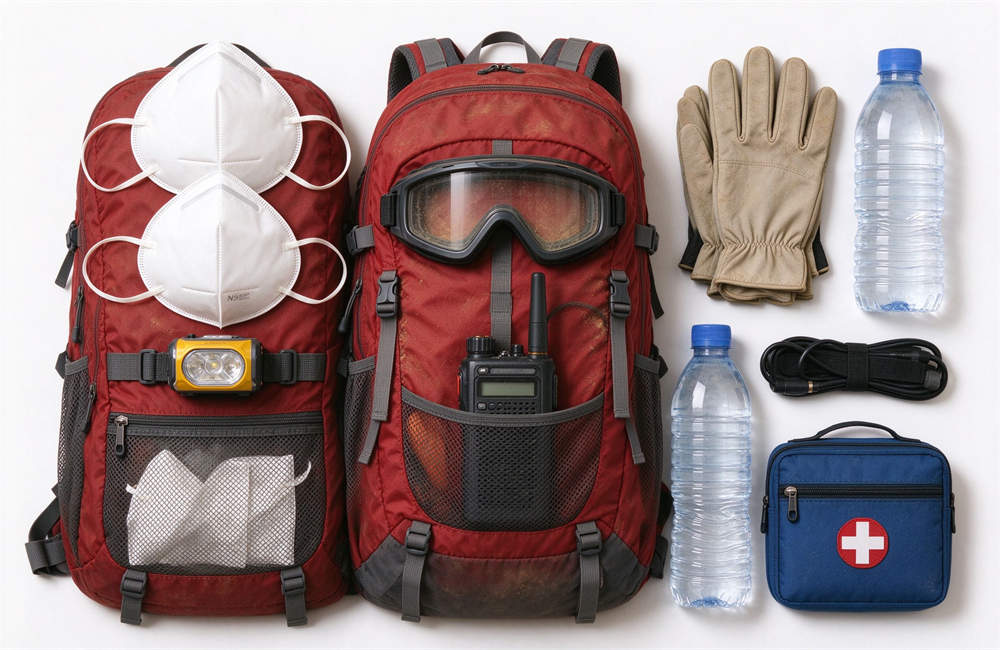 Red emergency backpack kit with N95 masks, goggles, gloves, headlamp, radio, water bottles, first aid kit, wholesale bulk supplies Red emergency backpack kit with N95 masks, goggles, gloves, headlamp, radio, water bottles, first aid kit, wholesale bulk supplies