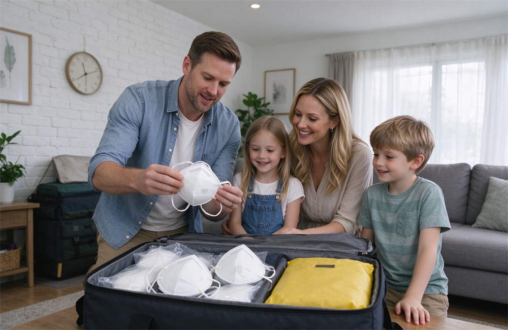 Caucasian family checking sandstorm emergency supplies at home, father showing N95 masks to wife and kids, family preparedness Caucasian family checking sandstorm emergency supplies at home, father showing N95 masks to wife and kids, family preparedness
