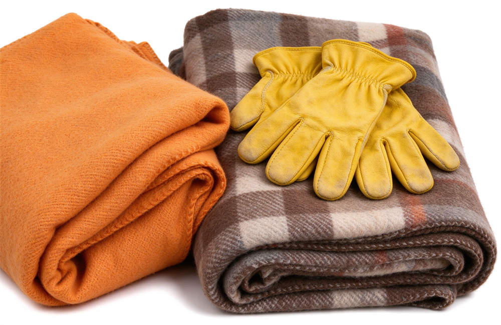 Yellow leather work gloves and thick wool blanket for emergency shelter warmth, desert disaster relief supplies wholesale