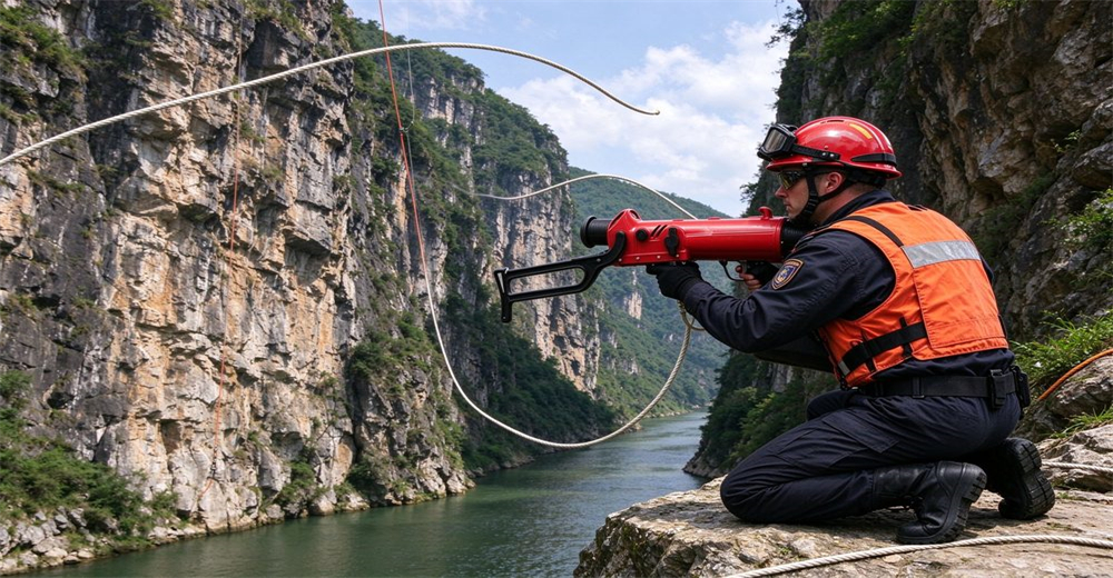 Rescuer kneeling on cliff rock aiming anchor hook pneumatic line thrower across canyon river during water rescue, orange vest, white rope flight, canyon cliff background Rescuer kneeling on cliff rock aiming anchor hook pneumatic line thrower across canyon river during water rescue, orange vest, white rope flight, canyon cliff background