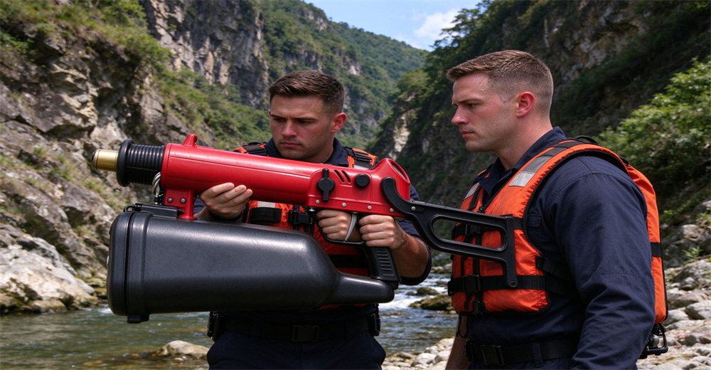 Two rescuers training in mountain canyon with anchor hook pneumatic line thrower rope drill, one operating launcher, one observing, cliff and stream background Two rescuers training in mountain canyon with anchor hook pneumatic line thrower rope drill, one operating launcher, one observing, cliff and stream background