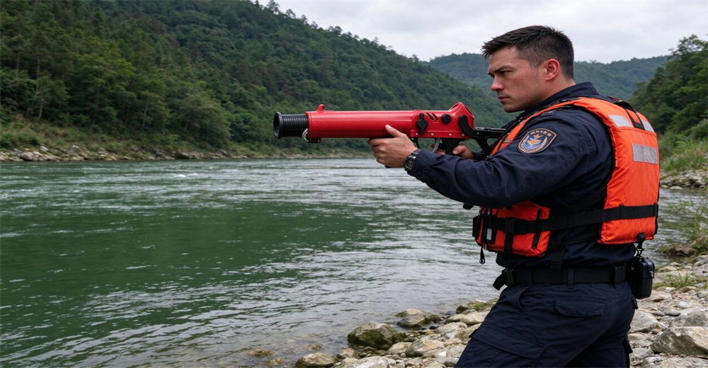 Caucasian rescuer firing red pneumatic line thrower across green river during professional flood and river rescue operations across wide water gaps Caucasian rescuer firing red pneumatic line thrower across green river during professional flood and river rescue operations across wide water gaps